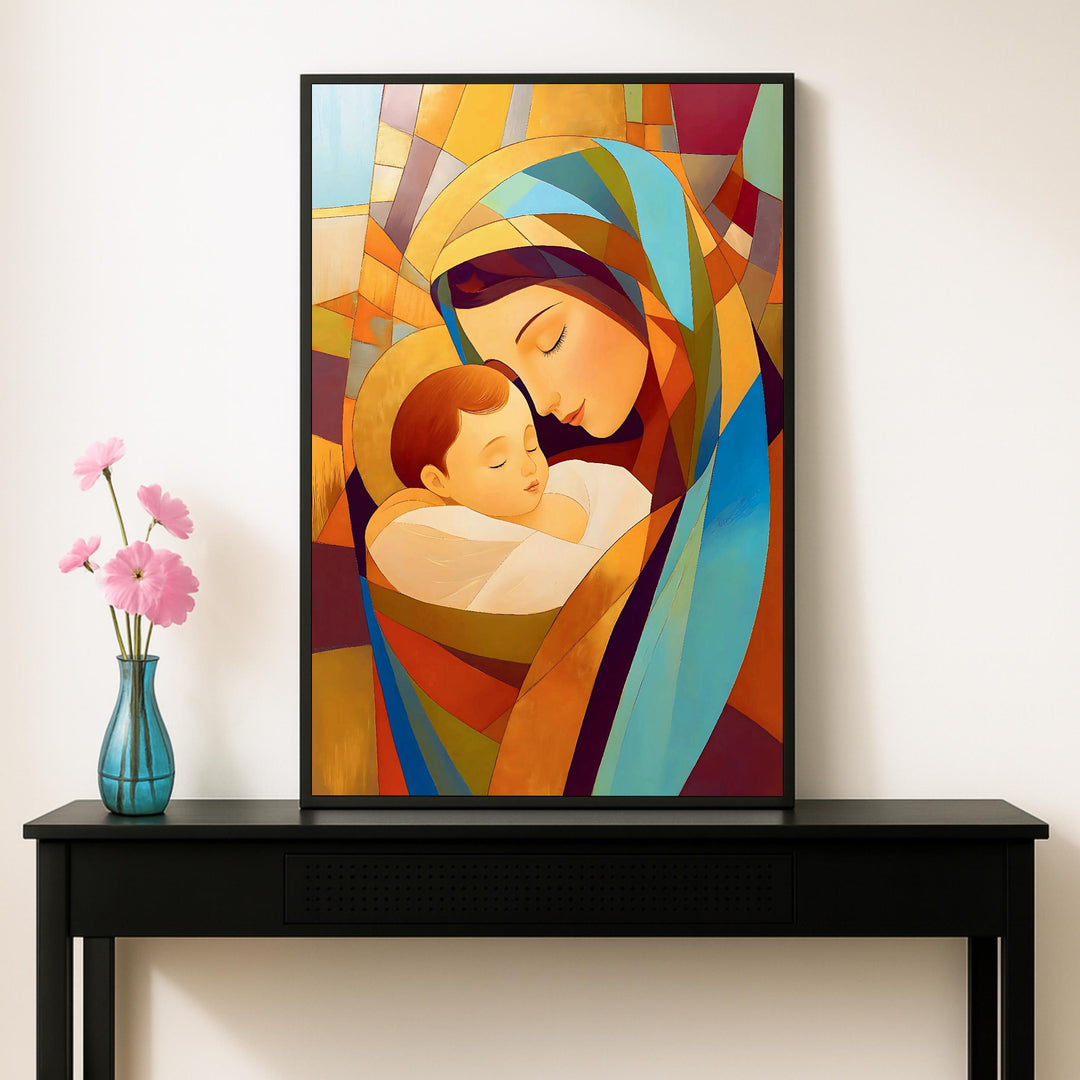 Catholic sacred wall art featuring Virgin Mary and Jesus in luminous glass tones