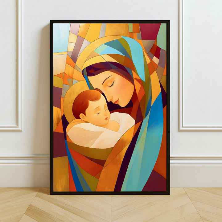 Virgin Mary and Jesus stained glass wall art, vibrant devotional panel