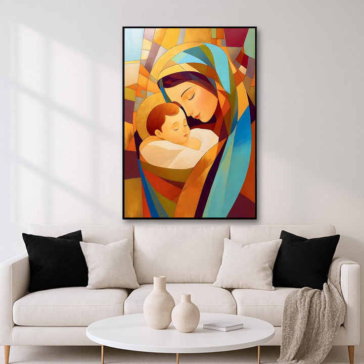 Framed stained glass Virgin Mary and Jesus wall art, ornate Catholic design