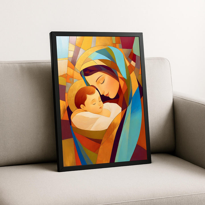 Wide view of Virgin Mary and Jesus stained glass wall decor displayed on a wall