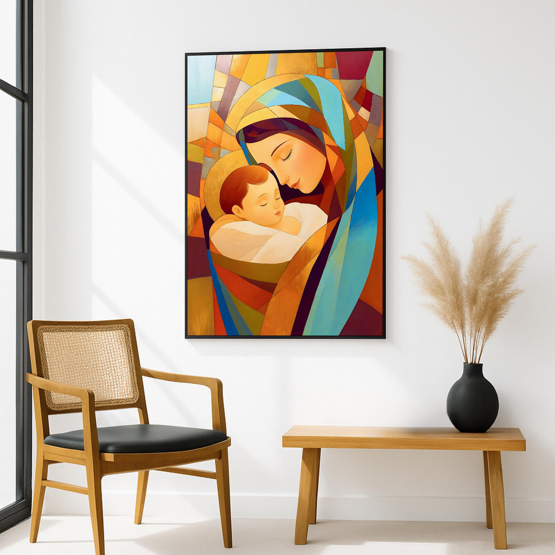 Religious wall art for home altars, Virgin Mary and Jesus in glass design