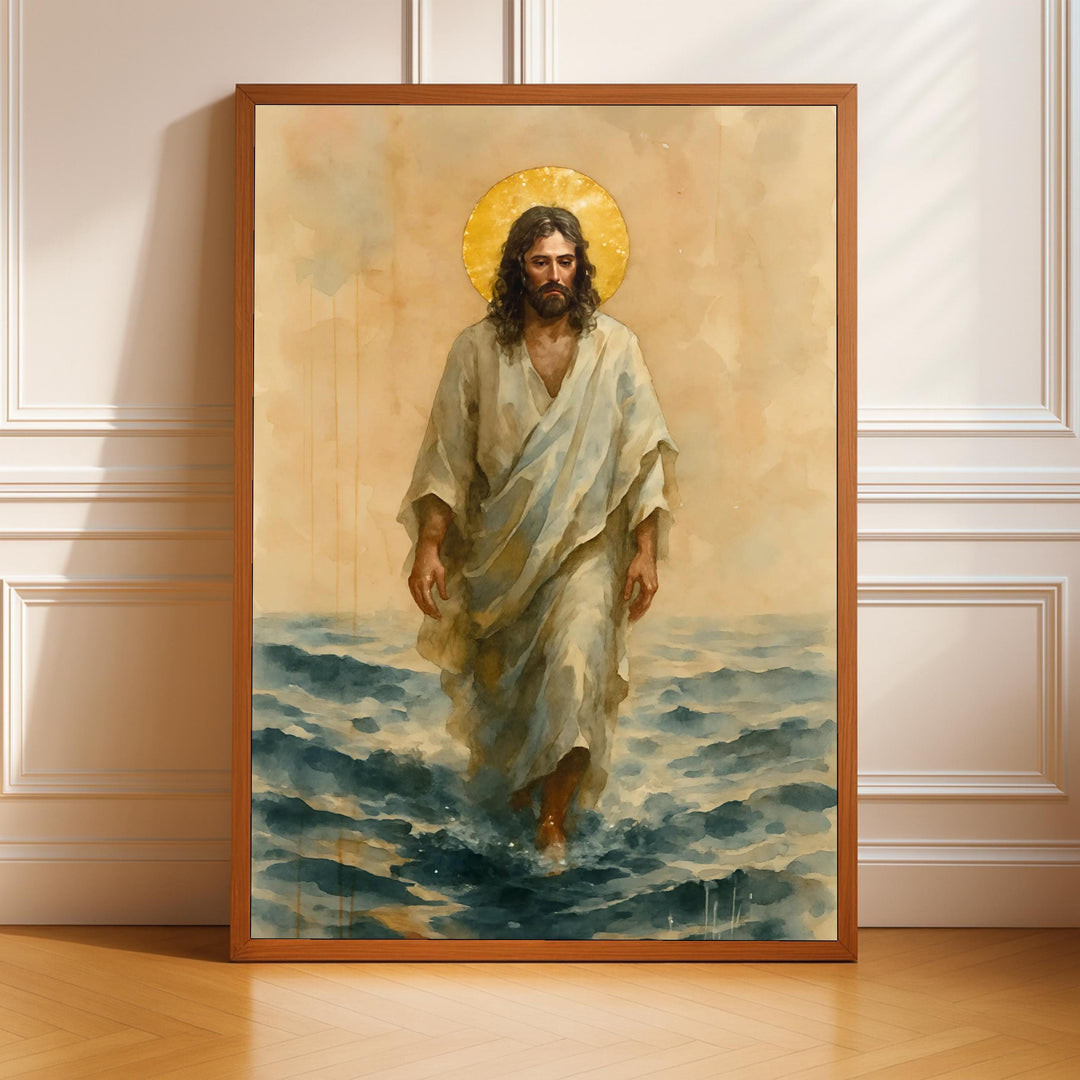 Vintage Jesus walking on water art print main composition