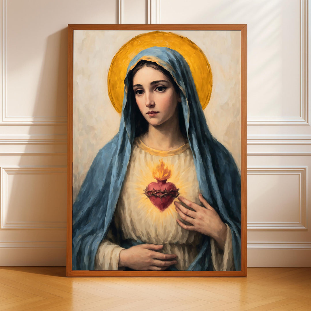 Immaculate Heart of Mary art print with vintage Catholic design on cream background
