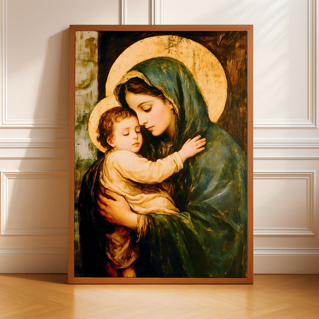 Virgin Mary and Baby Jesus in vintage Catholic holy family art, warm tones
