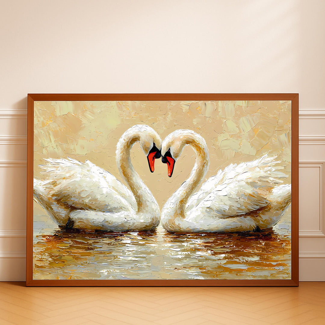 swan couple romantic oil painting with soft vintage tones
