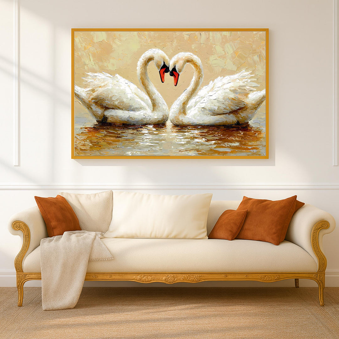 close-up of two swans in oil painting style romantic wall art