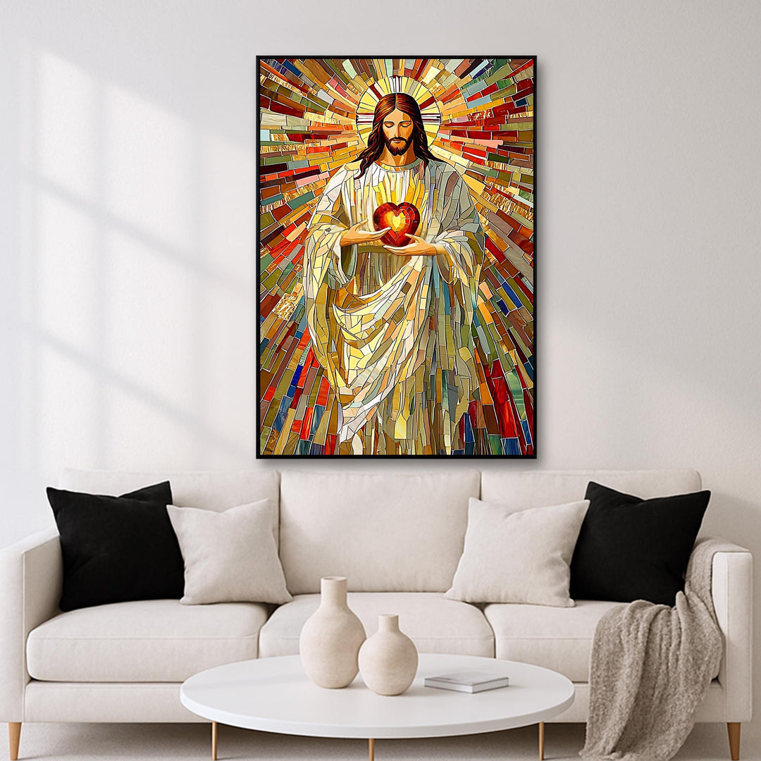 Vivid stained glass-inspired heart of Jesus mosaic, close-up tiles