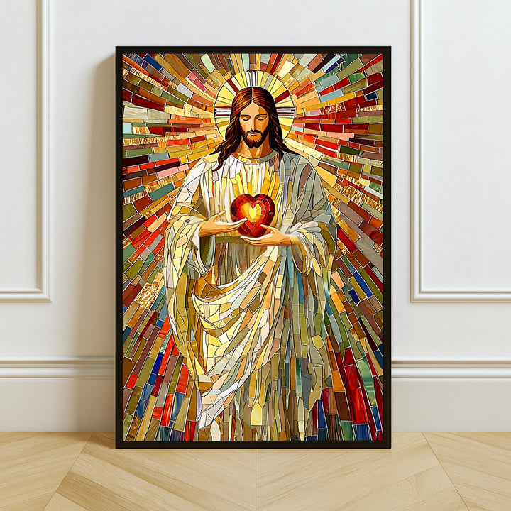 Sacred Heart of Jesus mosaic wall art with stained glass style, full view