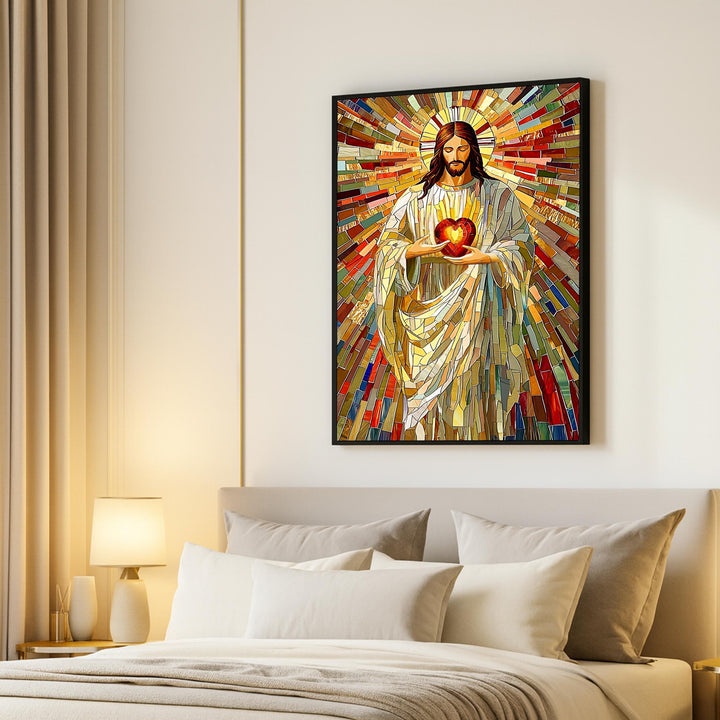 Bright mosaic tile details of the Sacred Heart with blue accents in wall art