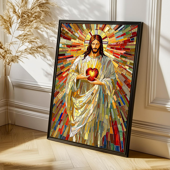 Close-up of red heart and golden rays in stained glass style religious mosaic