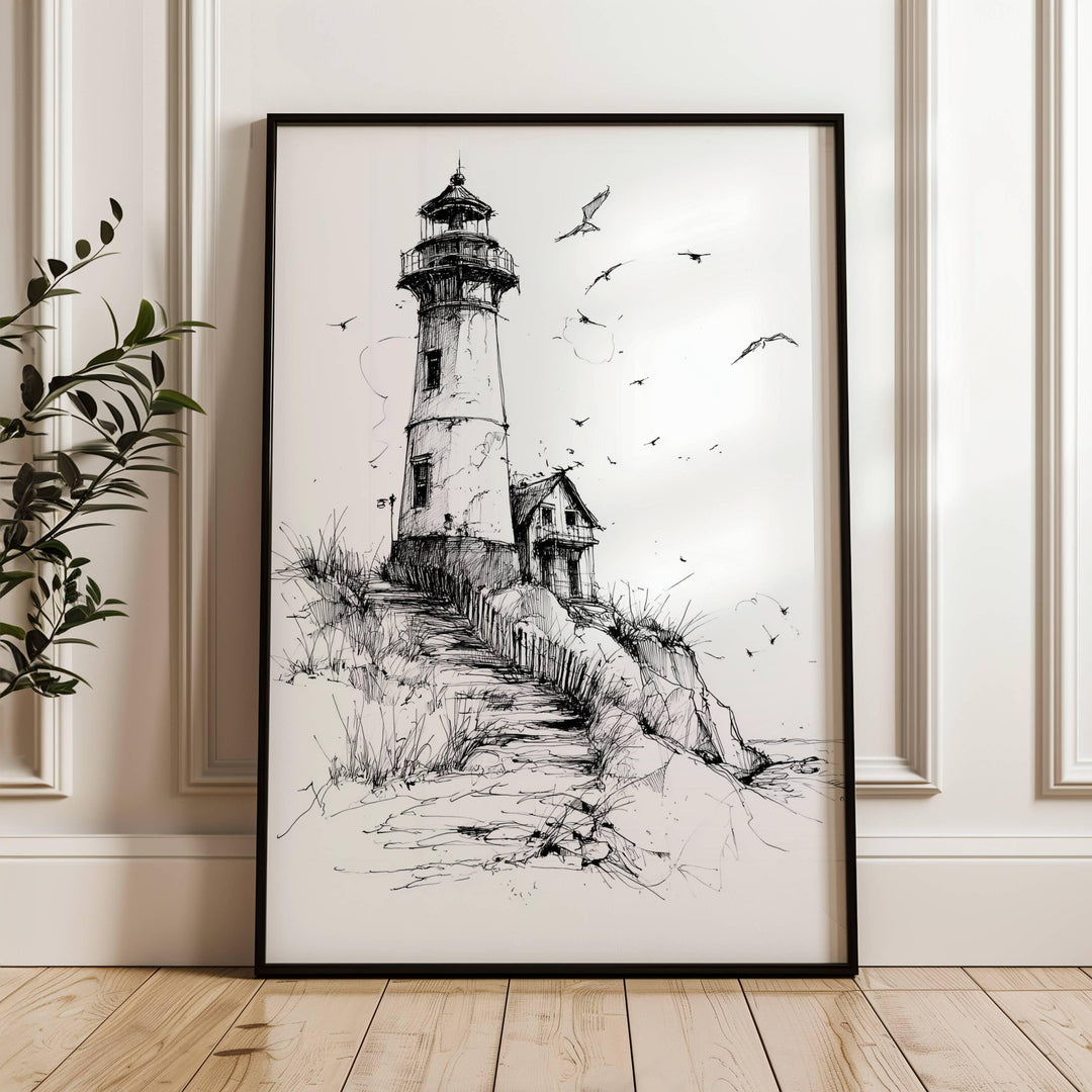 Vintage coastal lighthouse sketch in black and white on archival paper