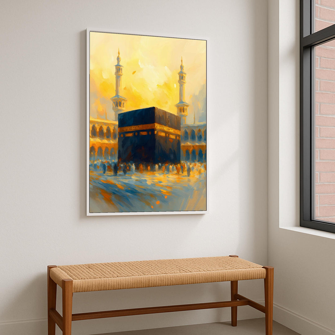 Elegant Islamic art print of Kaaba in warm tones on canvas