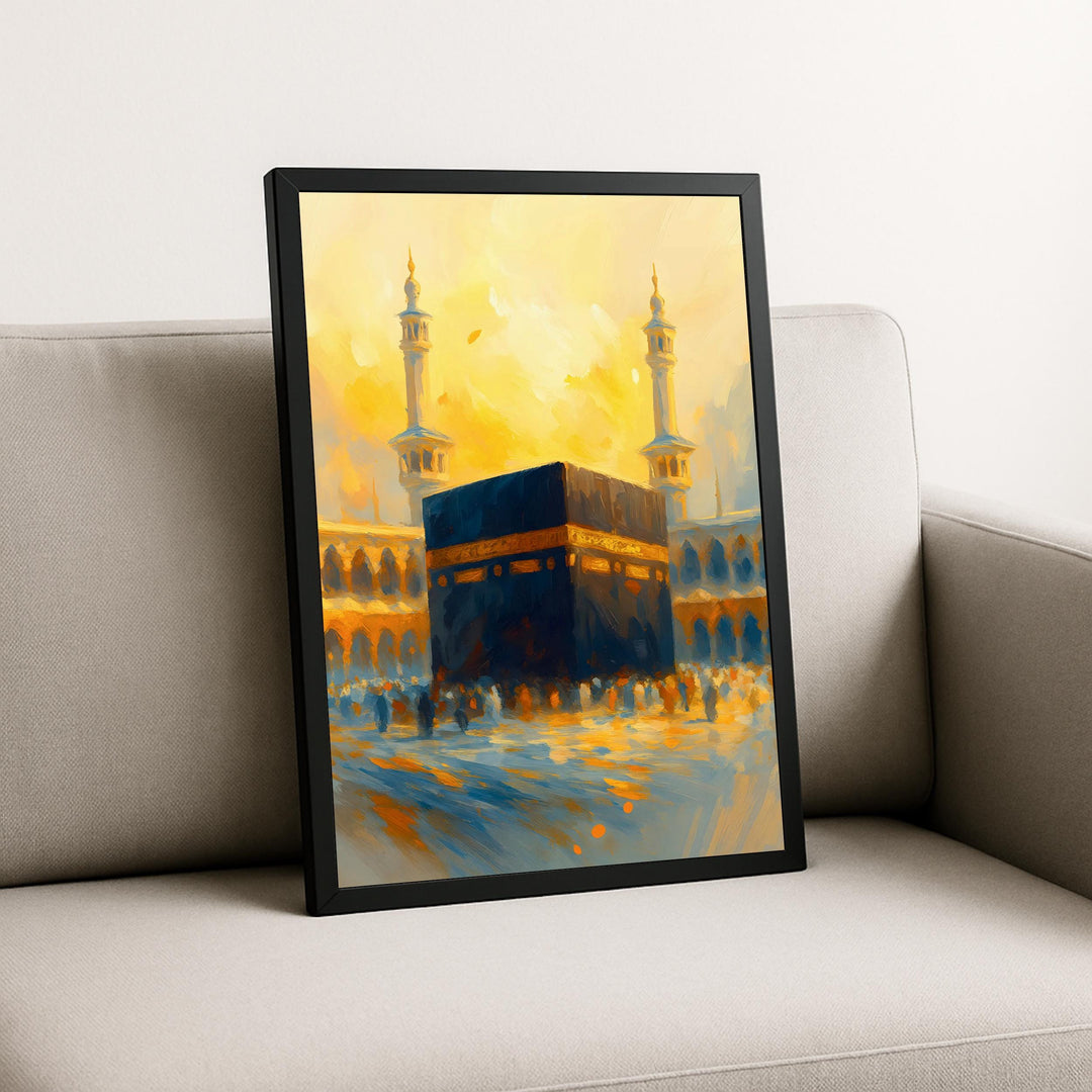 Framed Kaaba wall art ready to hang with oil-paint texture