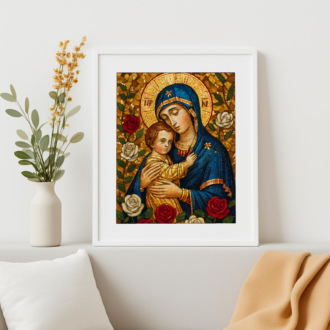 Catholic sacred art with mosaic icon details