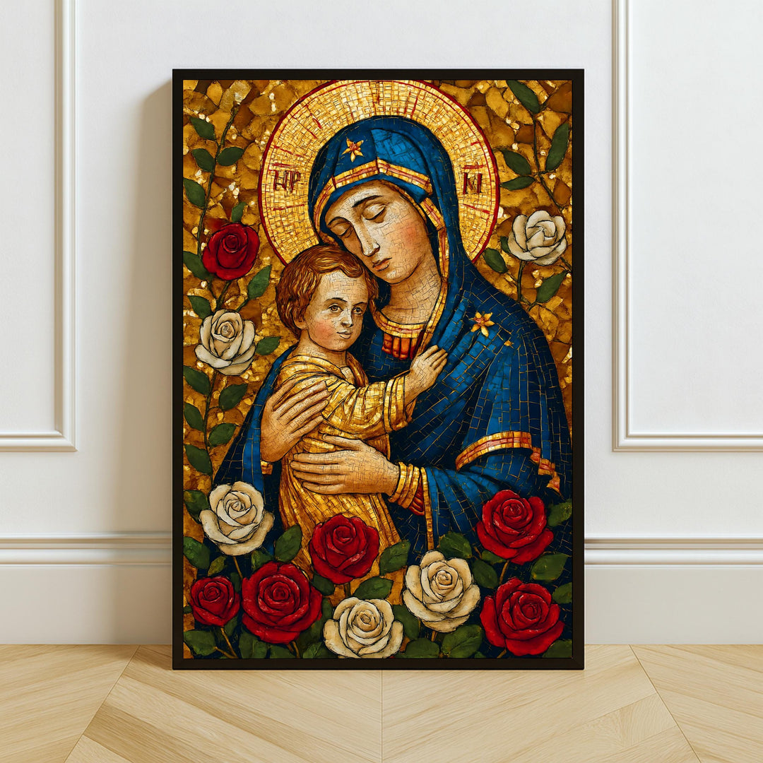 Virgin Mary and Baby Jesus mosaic icon on canvas wall art