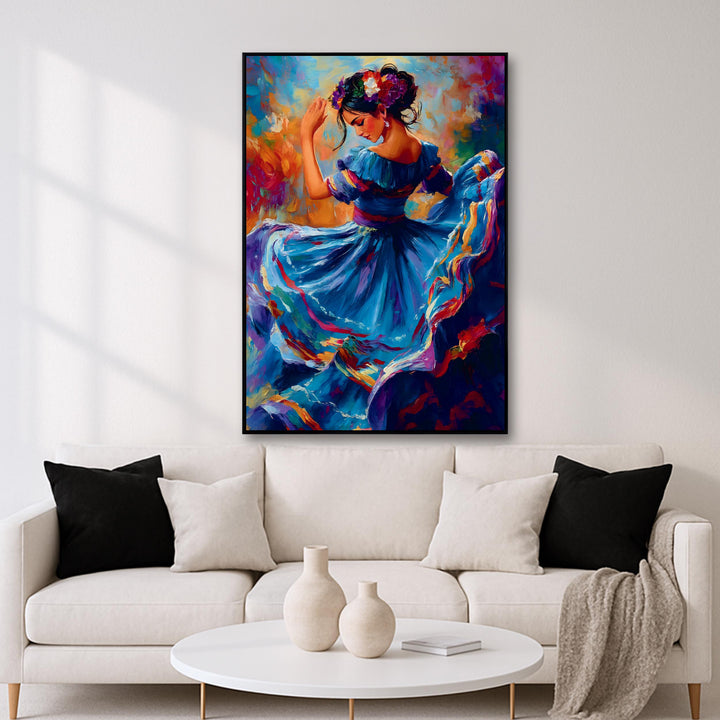 Front view of colorful Mexican dancer wall art on canvas