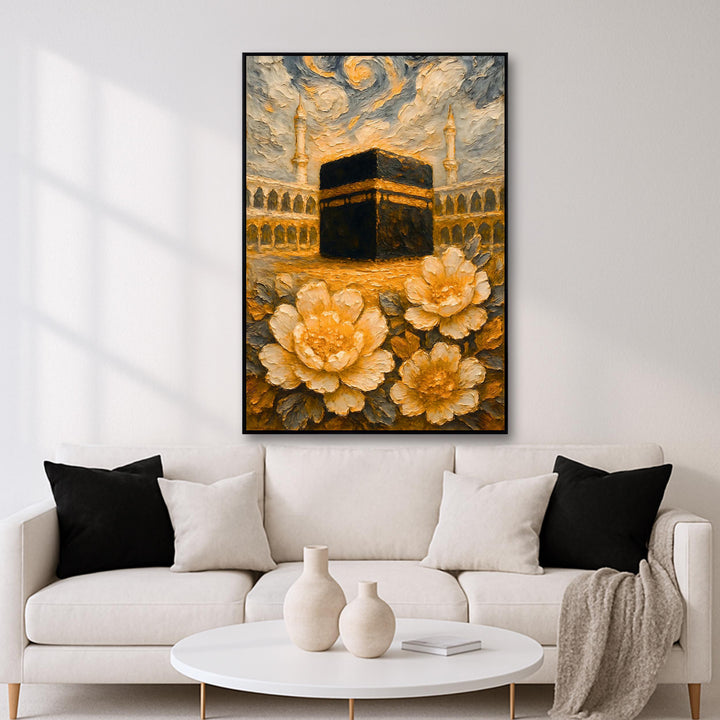 Islamic floral gold motif wall art featuring Mecca mosque on canvas