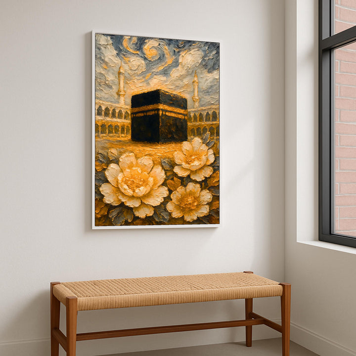 Warm-toned Islamic art with Kaaba Mecca and floral motifs on canvas