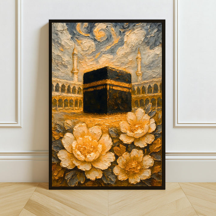 Kaaba Mecca oil painting-inspired wall art with Islamic floral gold accents on canvas
