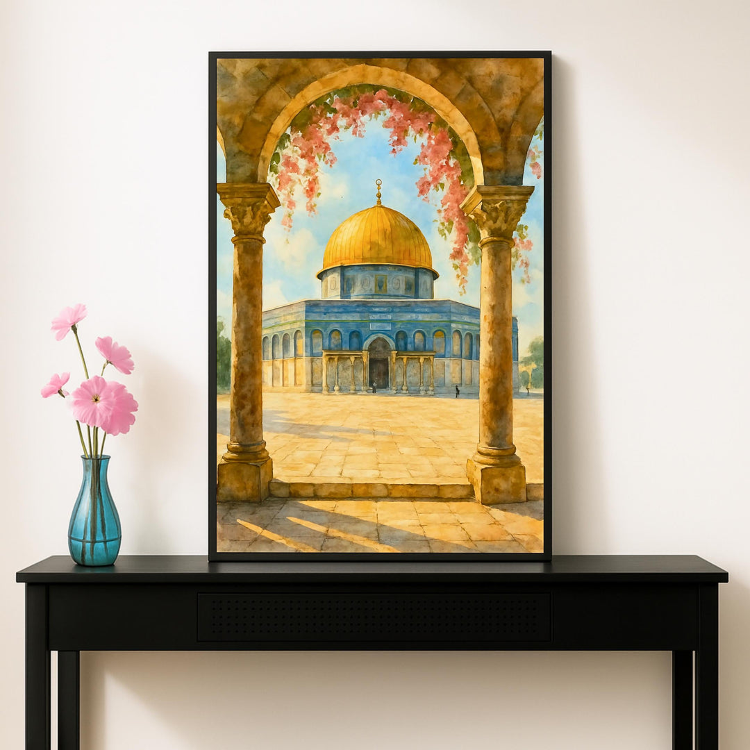Abstract watercolor rendering of the sacred site with architectural detail, wall decor