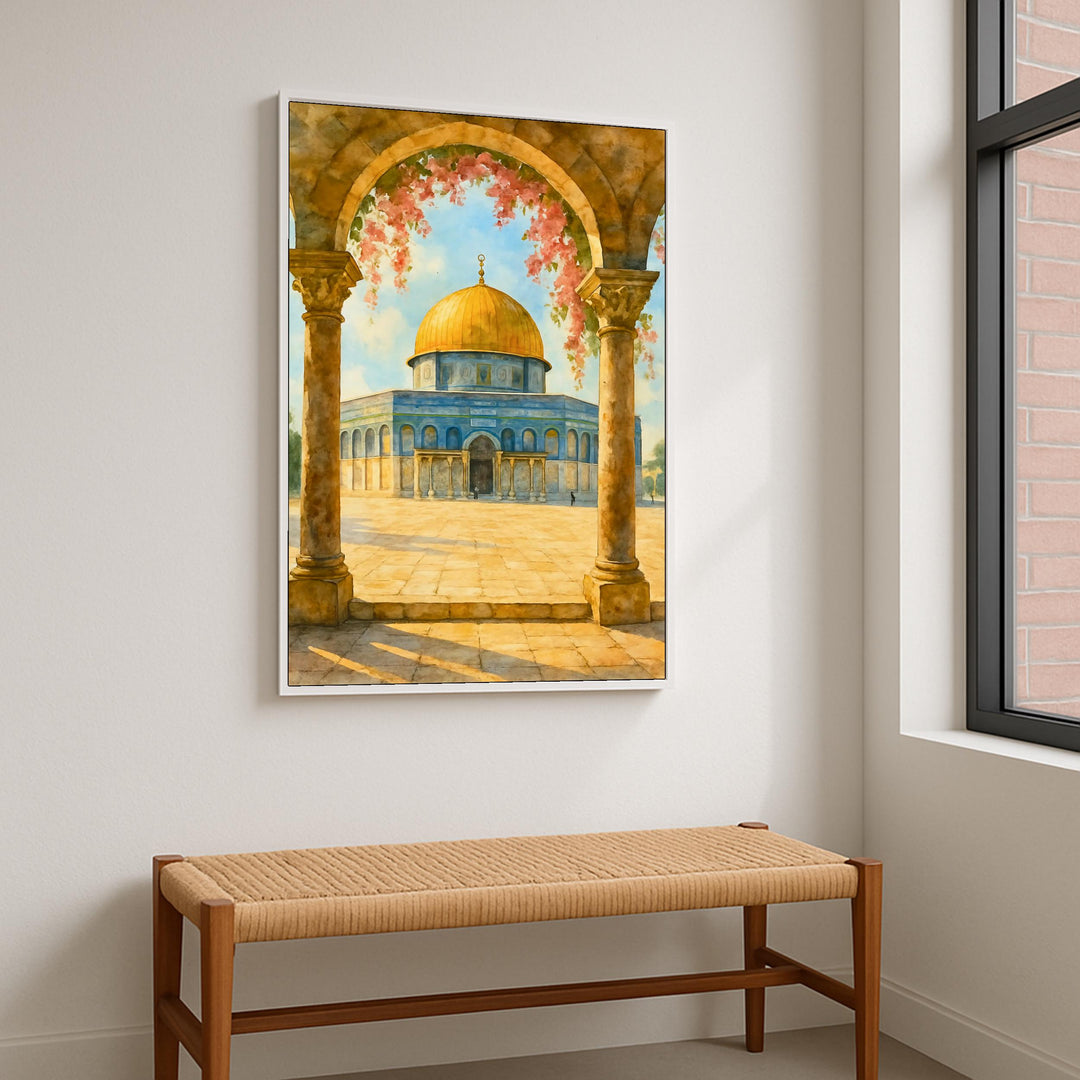 Dome of the Rock composition with graceful brushstrokes for framing