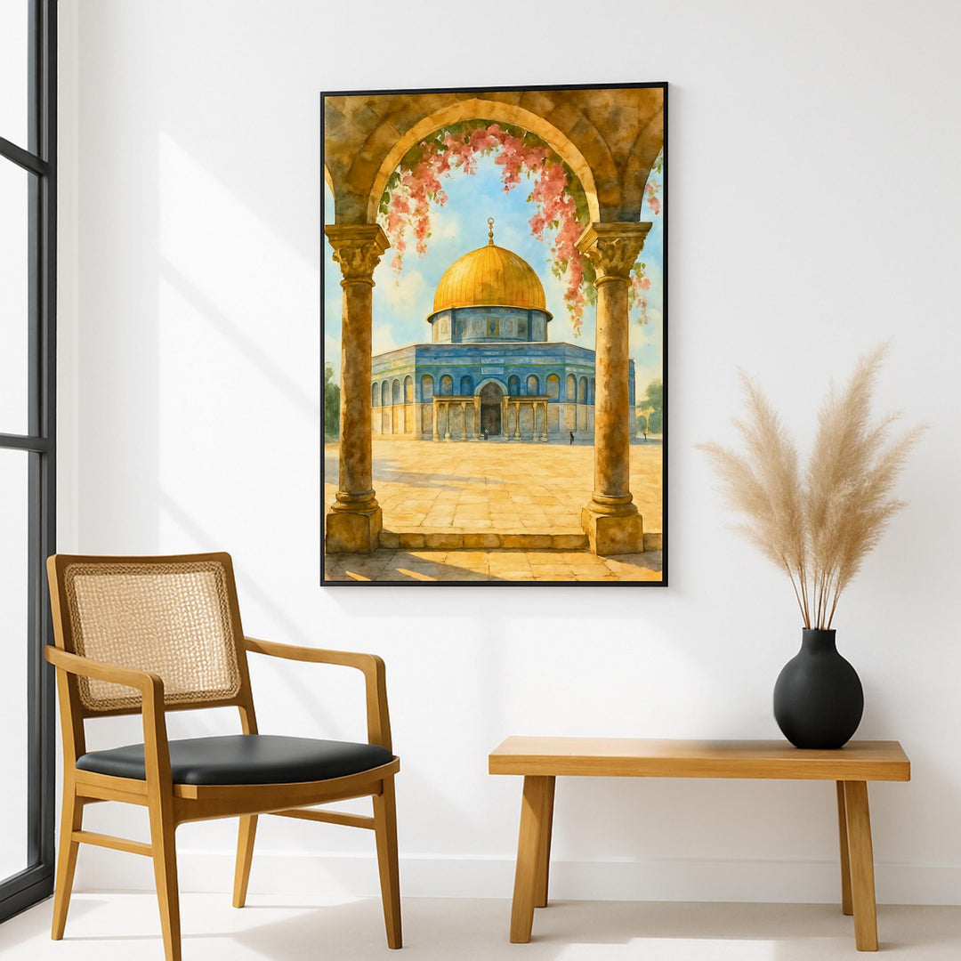 Dome of the Rock watercolor artwork in soft hues for study or foyer decor