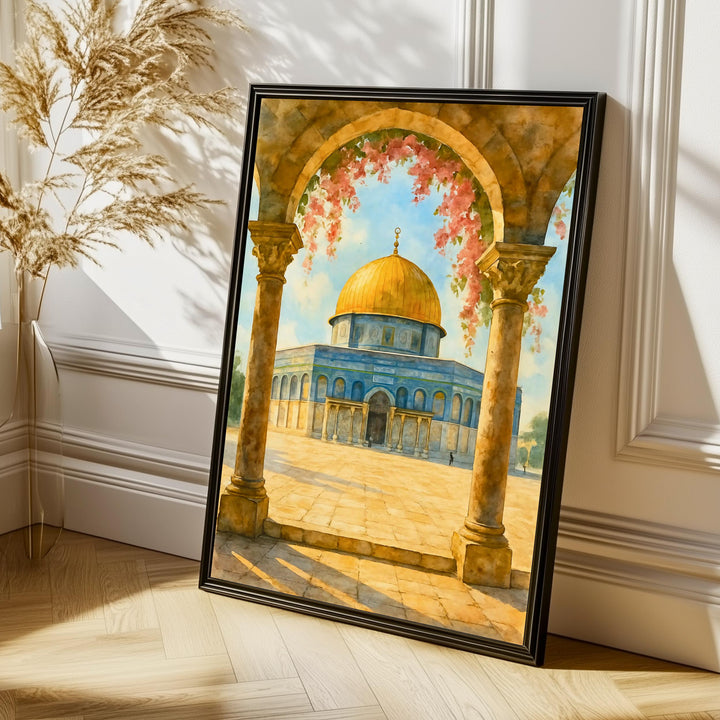 Architectural detail of the mosque in watercolor, elegant wall art for living room