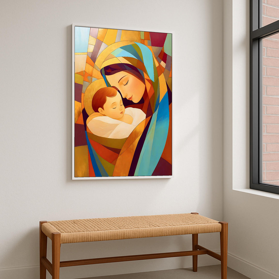 Close-up detail of Virgin Mary and Jesus in colorful stained glass