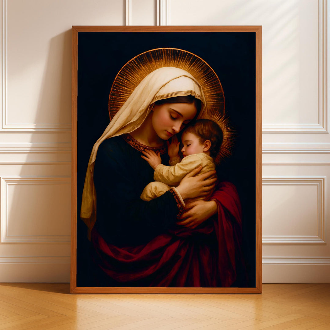 Virgin Mary holding Baby Jesus in vintage Catholic style on light background