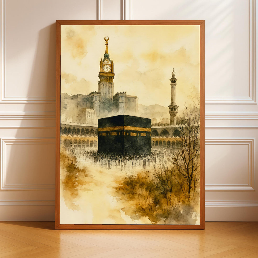 Kaaba Mecca watercolor art print close-up with soft blue and gold tones