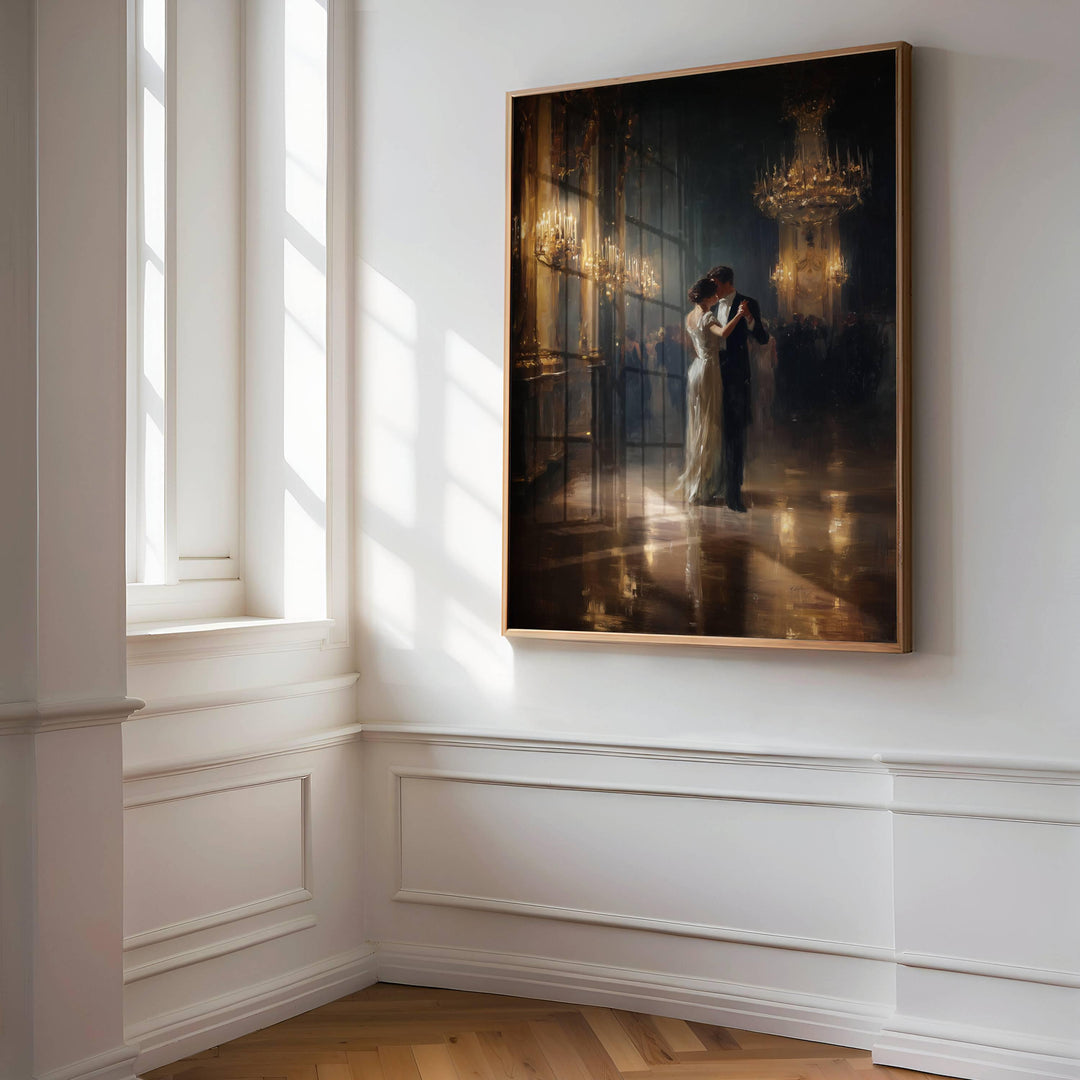 Elegant couple dancing by chandeliers, vintage-inspired ballroom scene