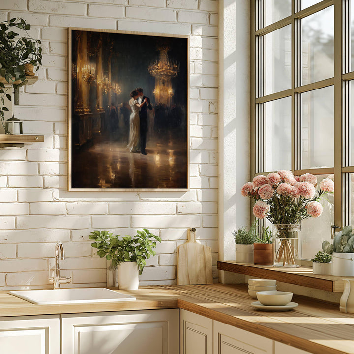 Moody Renaissance-inspired ballroom mood with couple art for home decor
