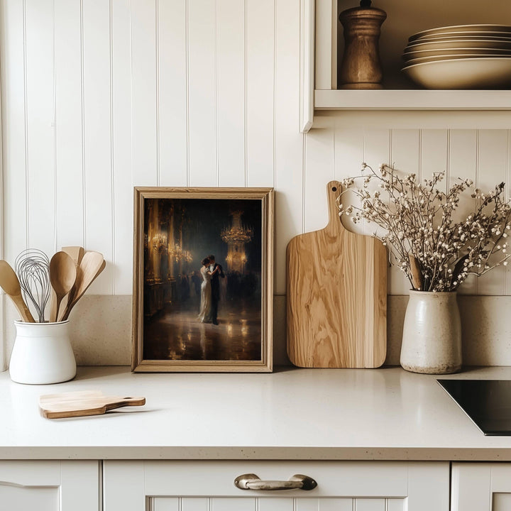 Soft textures and warm tones in moody Victorian ballroom wall art