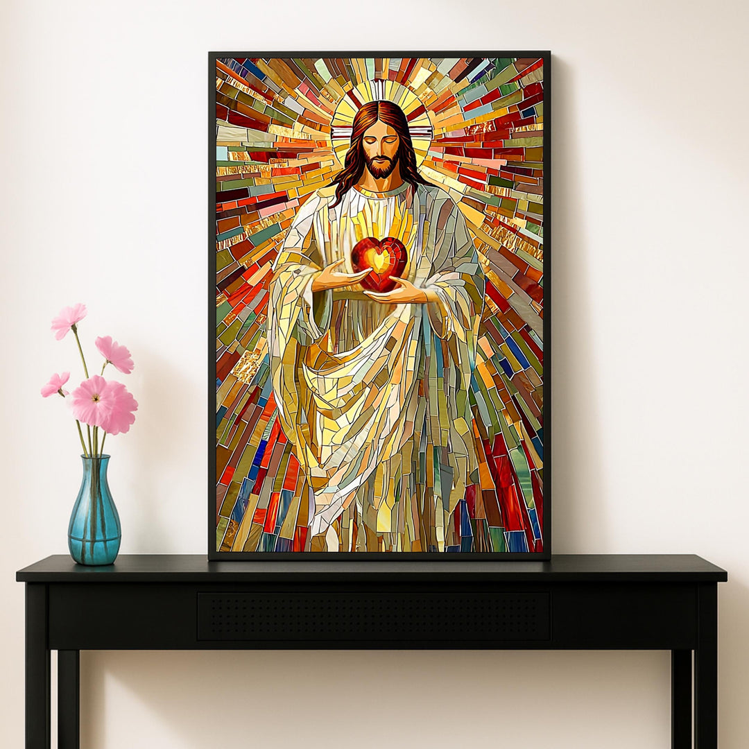 Catholic wall art depicting the Sacred Heart in a vibrant glass-like mosaic