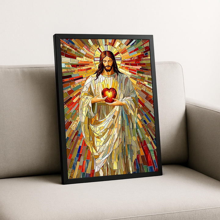 Framed mosaic panel of the Sacred Heart Jesus for wall decor