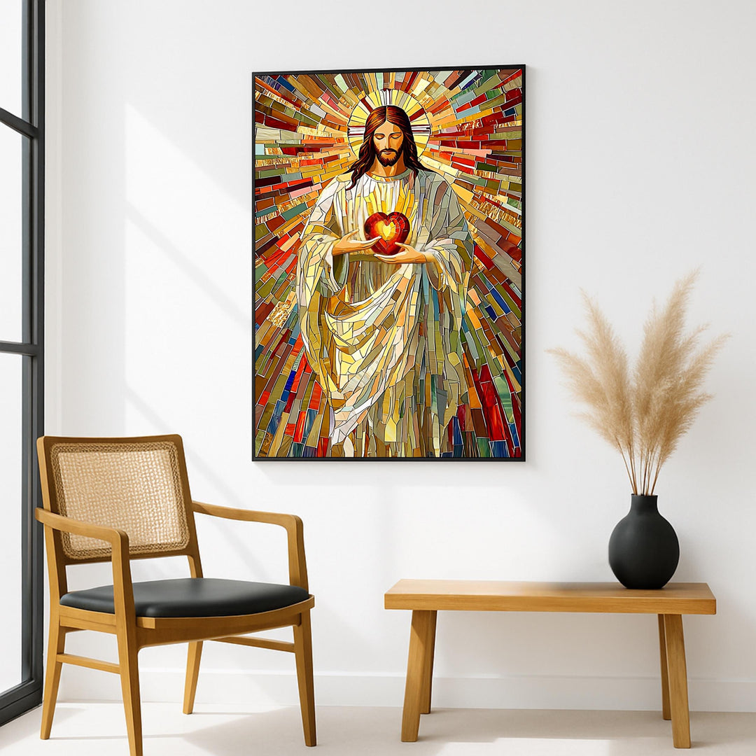 Religious wall art featuring stained glass-inspired Sacred Heart mosaic design