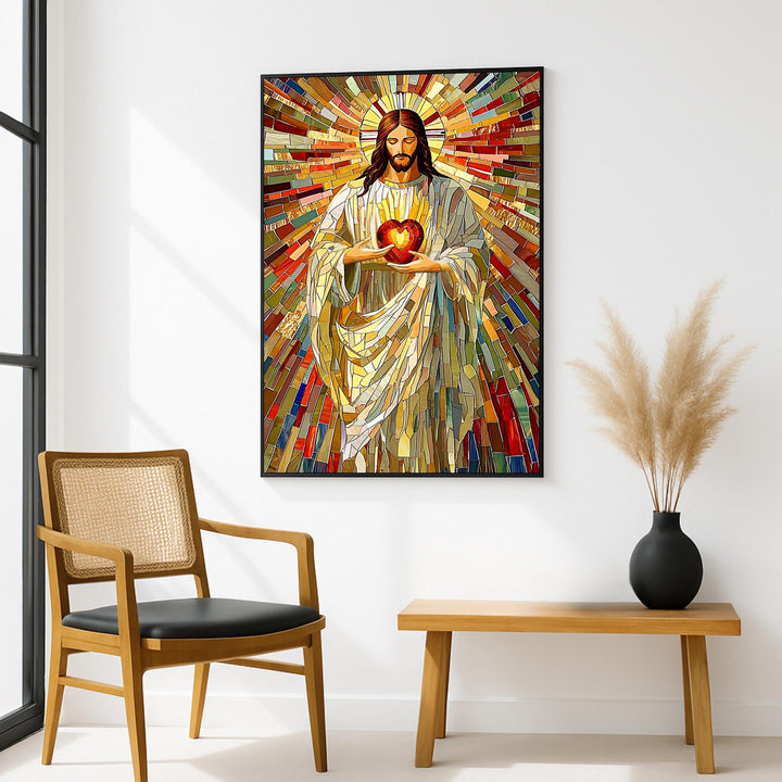 Religious wall art featuring stained glass-inspired Sacred Heart mosaic design