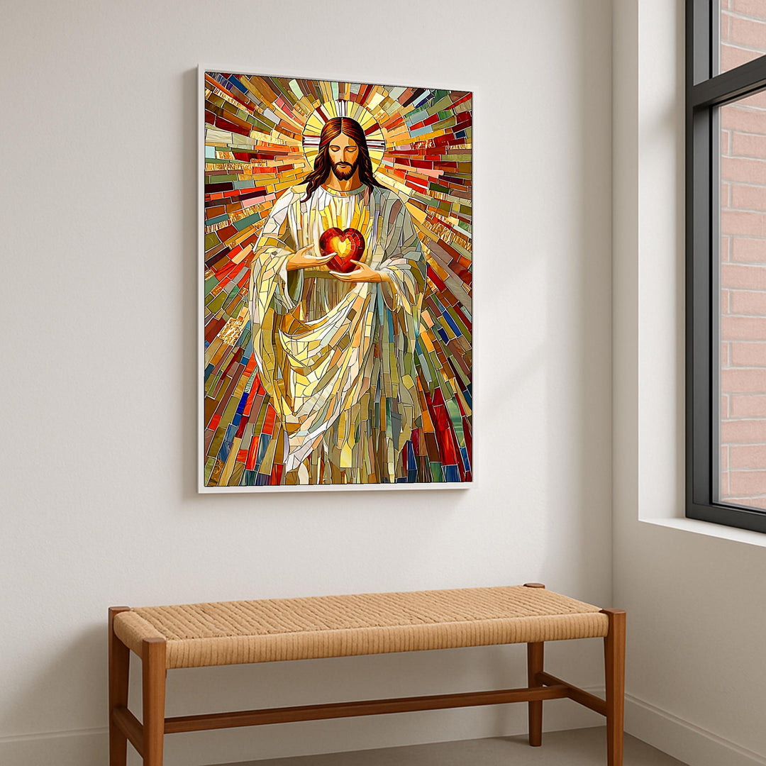 Vibrant Sacred Heart mosaic panel suitable for home altar decor