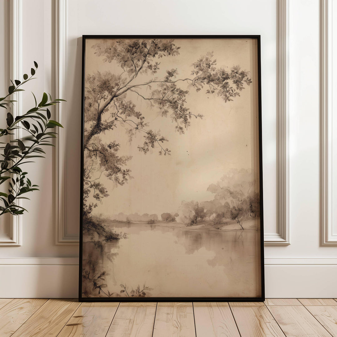Muted tree and river landscape art print in neutral sepia tones