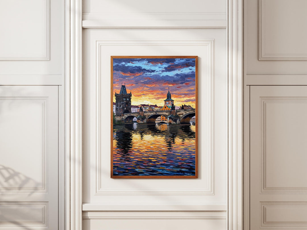 Close-up of textured brushwork on Prague wall art at dusk