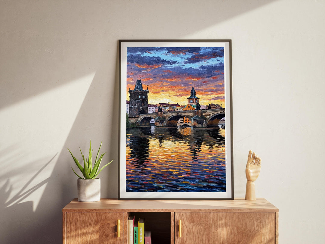 Warm brown and blue tones in oil-style wall art of Prague
