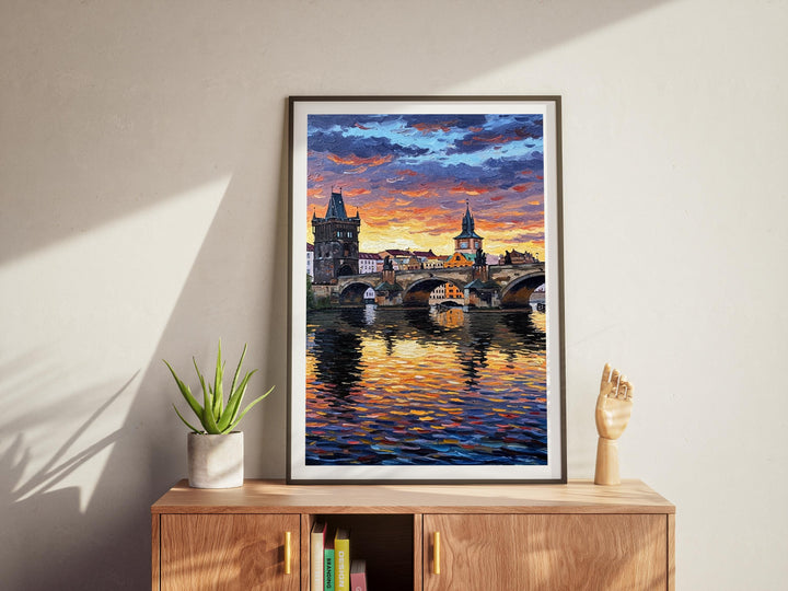 Warm brown and blue tones in oil-style wall art of Prague