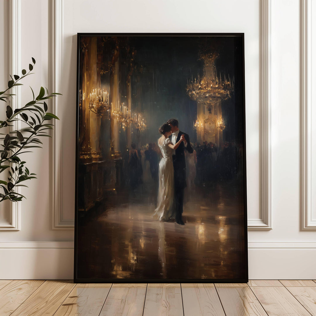 Victorian couple dancing in a grand ballroom, moody romantic wall art print