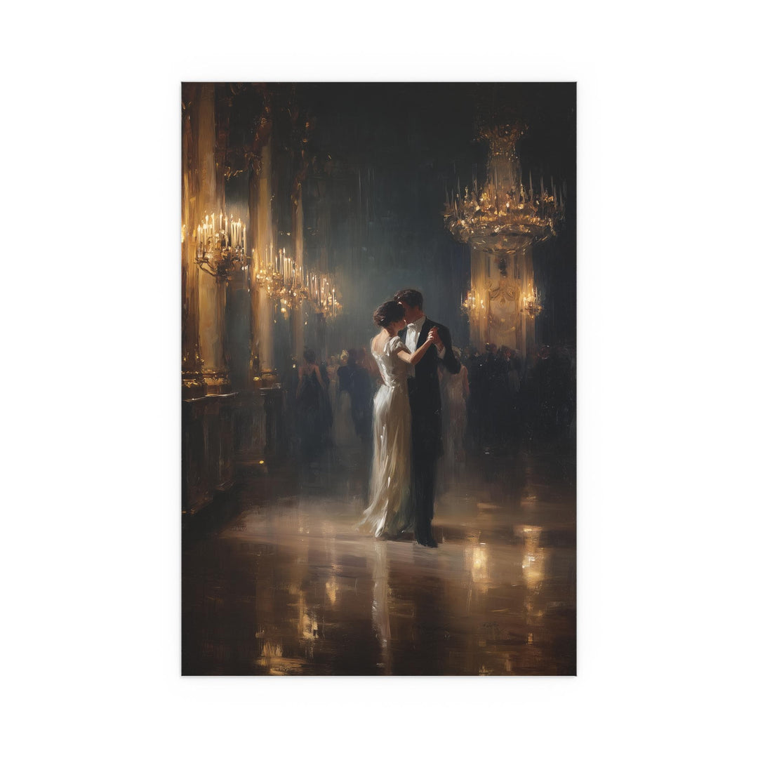 Romantic couple portrait in ornate ballroom setting for wall decor
