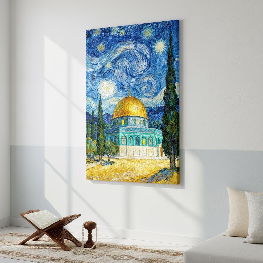 Distant perspective of Dome of the Rock with night glow