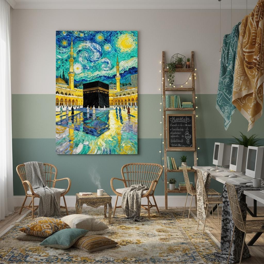 Abstract Islamic art piece with blue-toned night sky hues