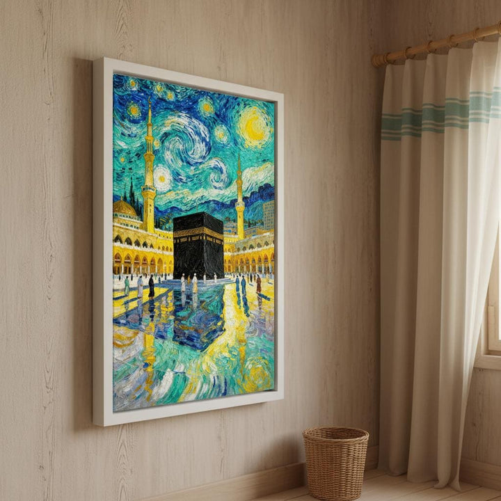 Religious wall decor featuring starry sky and Kaaba silhouette