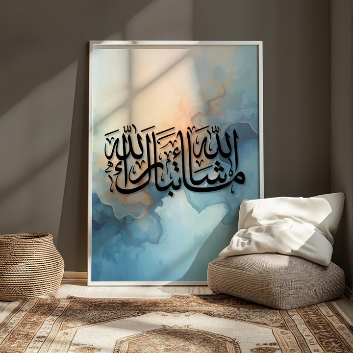 Abstract watercolor background in teal and gray behind script
