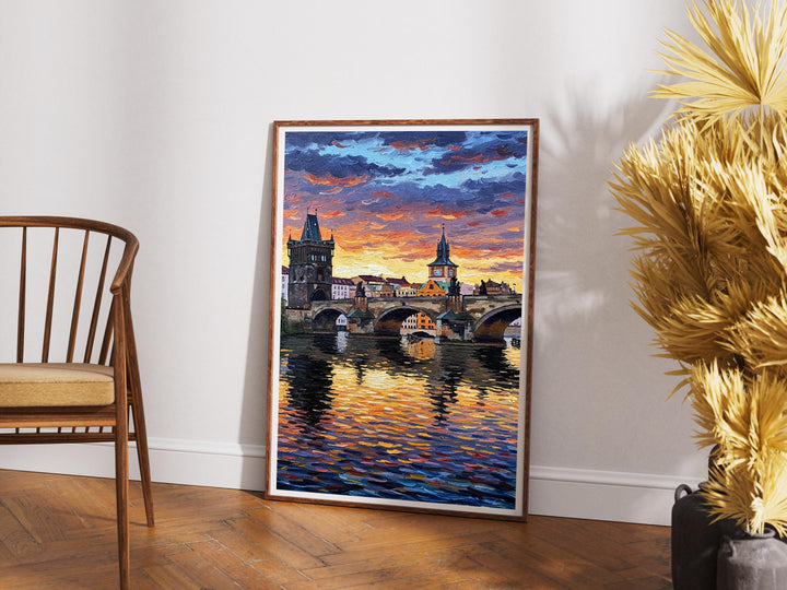City lights along the Vltava river with warm amber sky