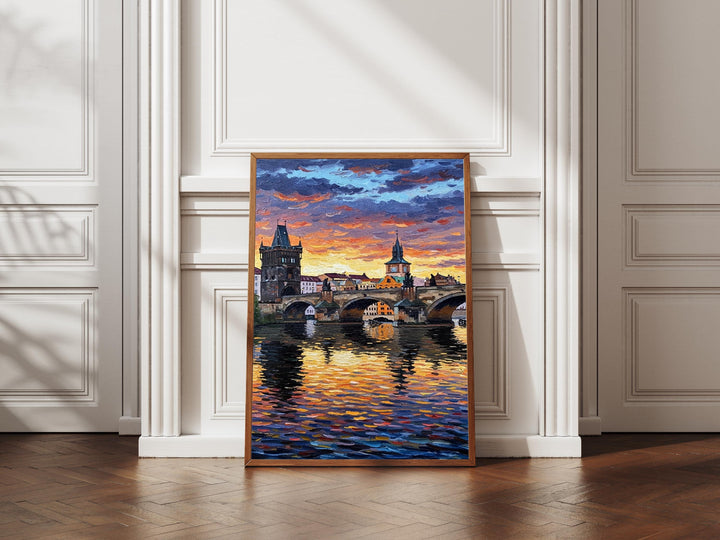 Evening Prague cityscape with bridge and river reflections in oil texture